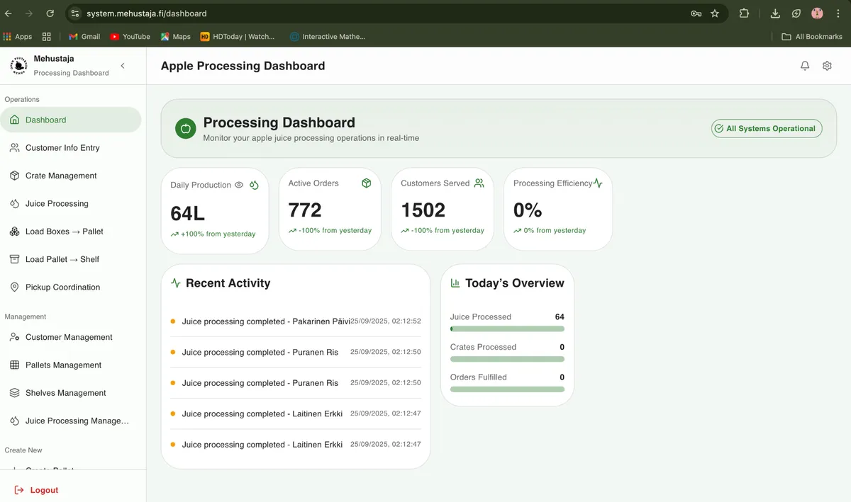 Juice Processing Management System screenshot